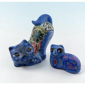 Tonala Terra Cotta Cats Set of Two Hand Painted Mexican Folk Art Blue Floral